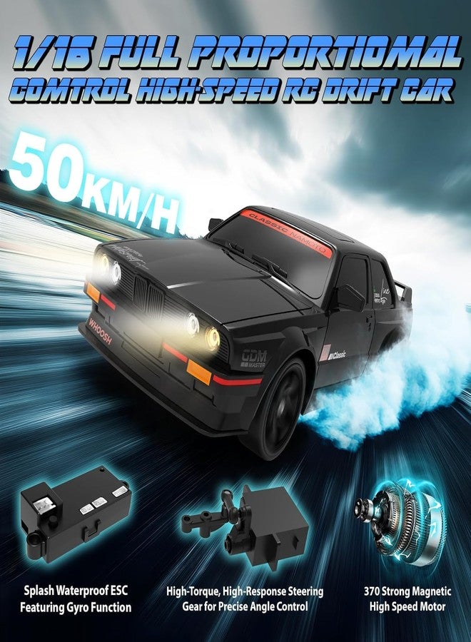 RABJET RC Drift Car for Kids Adults 1:16 Scale 2.4Ghz 4WD High Speed RTR Racing Car 50KM/H with Led Lights Remote Control Vehicle Sport Toy Gifts,Two Batteries & Drift Tire Included,Black - Image 2